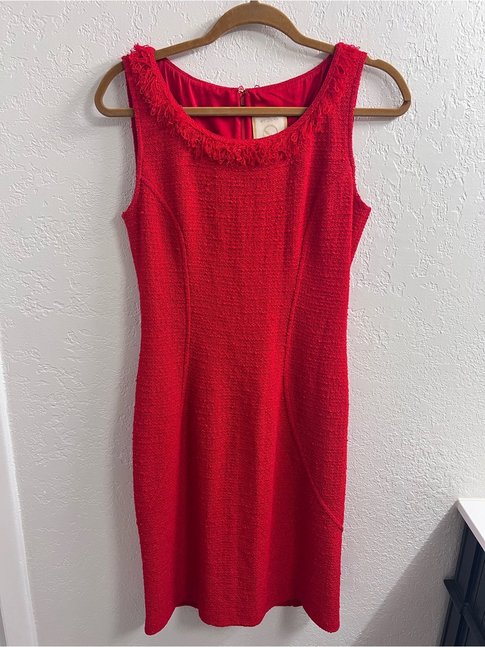 St. John Couture Red Sleeveless Fringe-Trim Metallic Tweed Knit Midi Dress